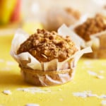 Close up of a muffin wrapped in paper