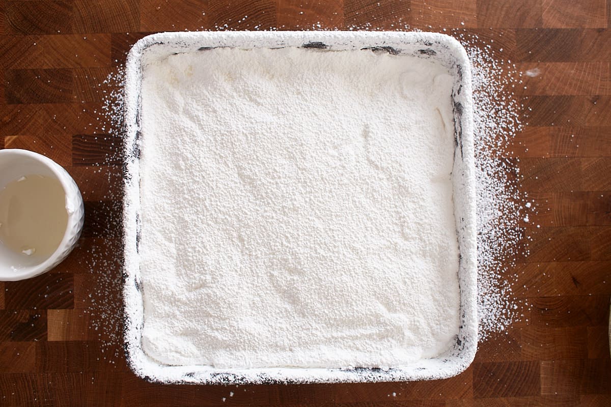 Sugar mixture in pan and dusted with powdered sugar and cornstarch