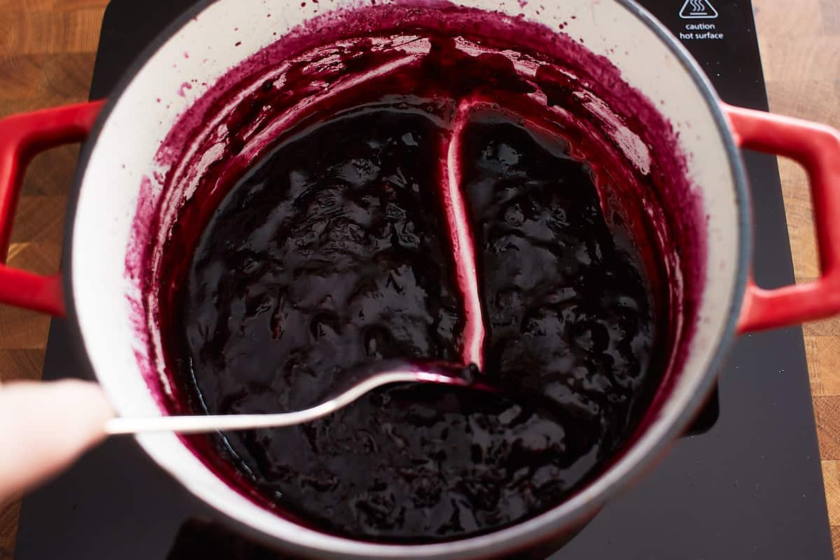 Cooked blueberry sauce in a pot