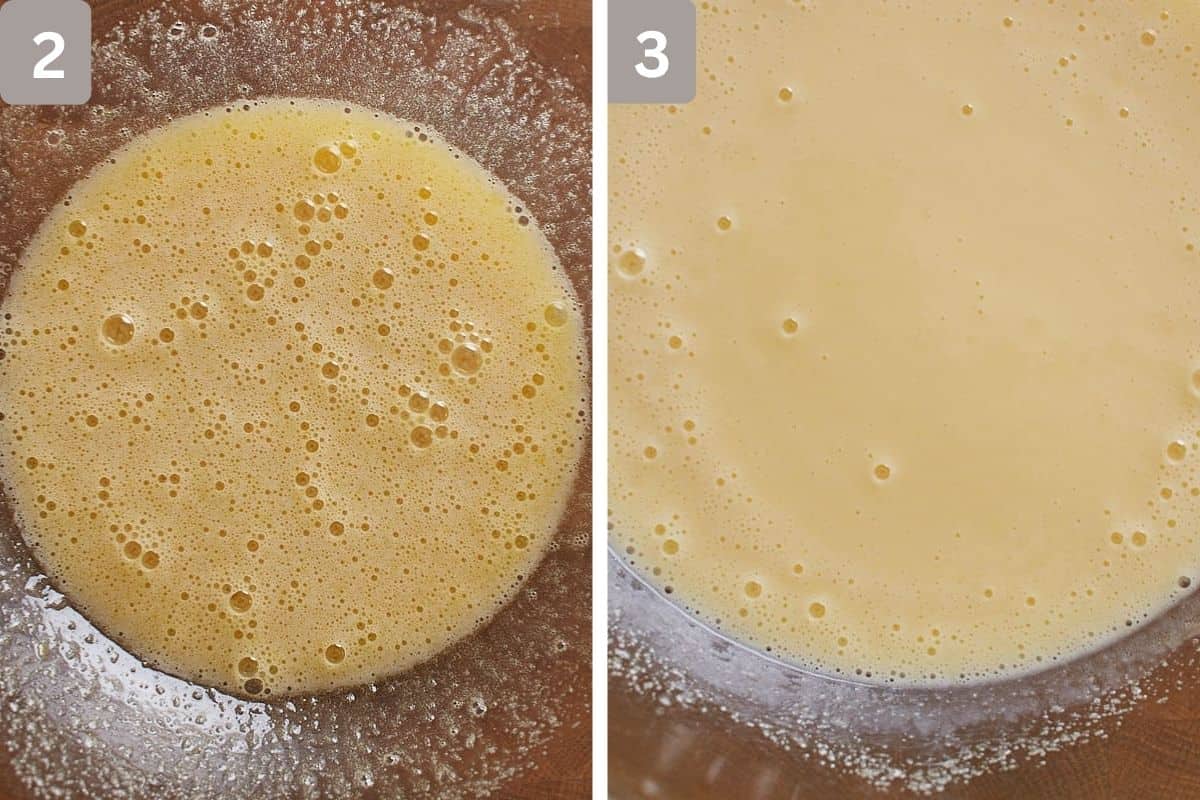 eggs, sugar, and vanilla mixed and oil and buttermilk added on the right