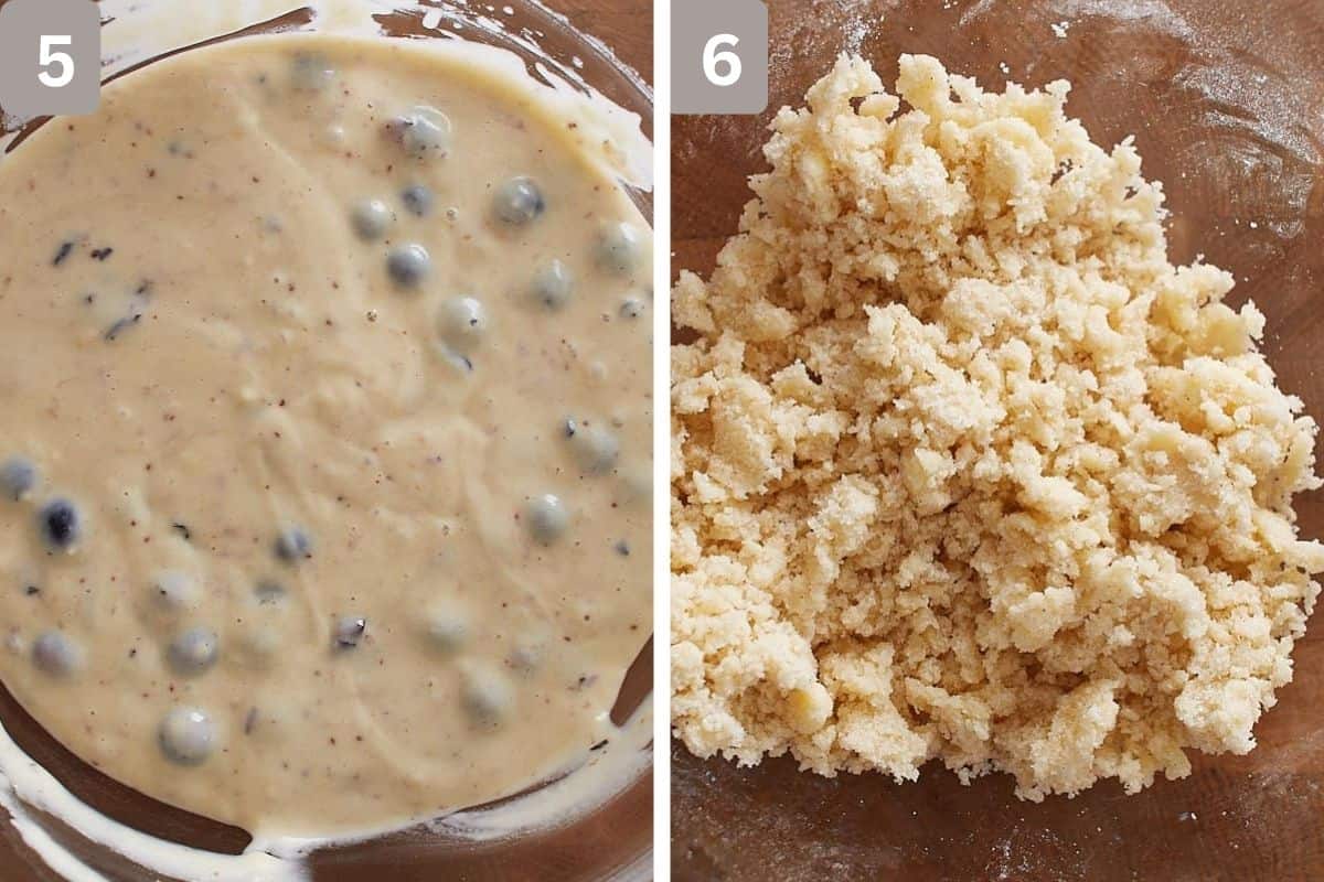 blueberries added to the batter and flour, sugar, cinnamon, and butter mixture on the right