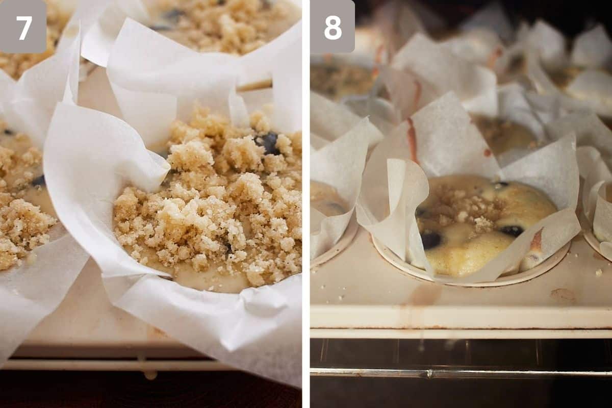 Batter already scooped into muffin pan and muffins baking on the right