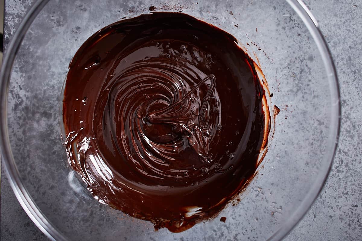 Chocolate, butter, and cocoa combined in a bowl