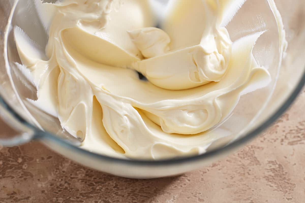 Cream cheese mixed with sugar, flour, sour cream, lemon, and vanilla