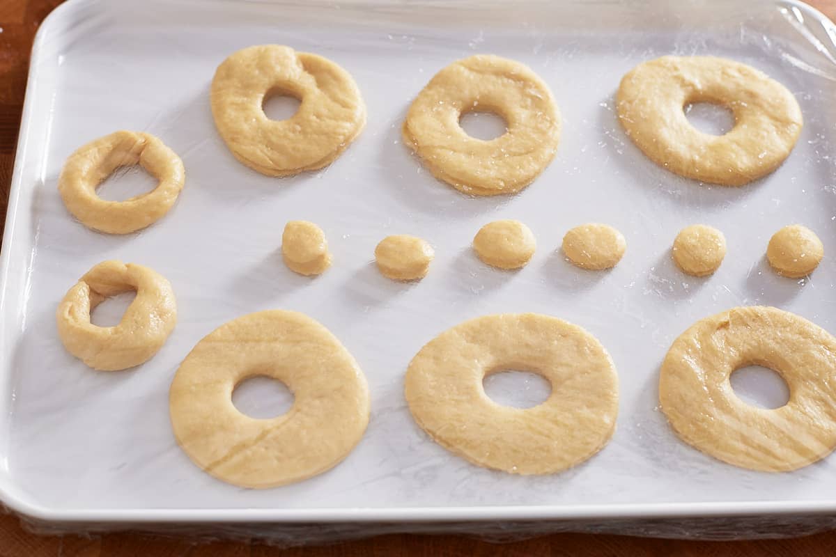 Unproofed donut rings and holes on a tray