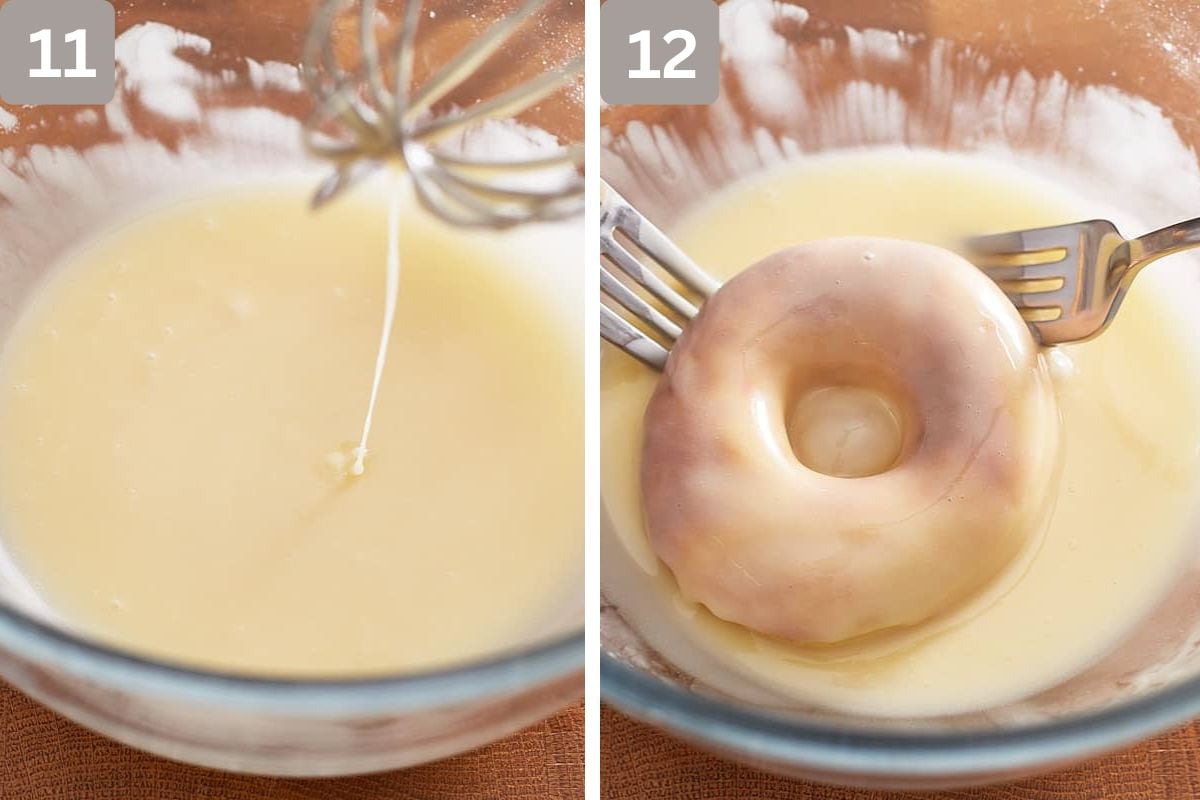 powdered sugar, butter, and vanilla mixed and donuts dunked into glaze