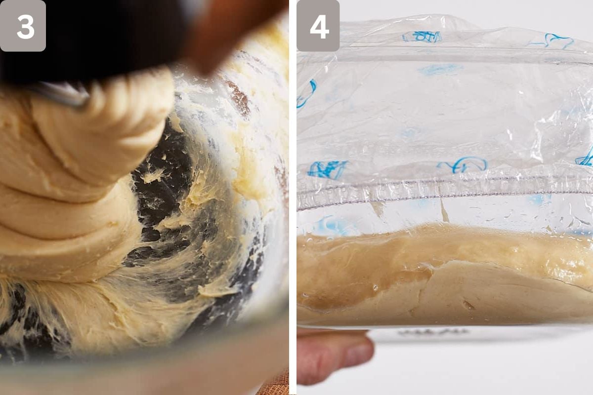 Speed reduced and then dough added to a bowl with a lid
