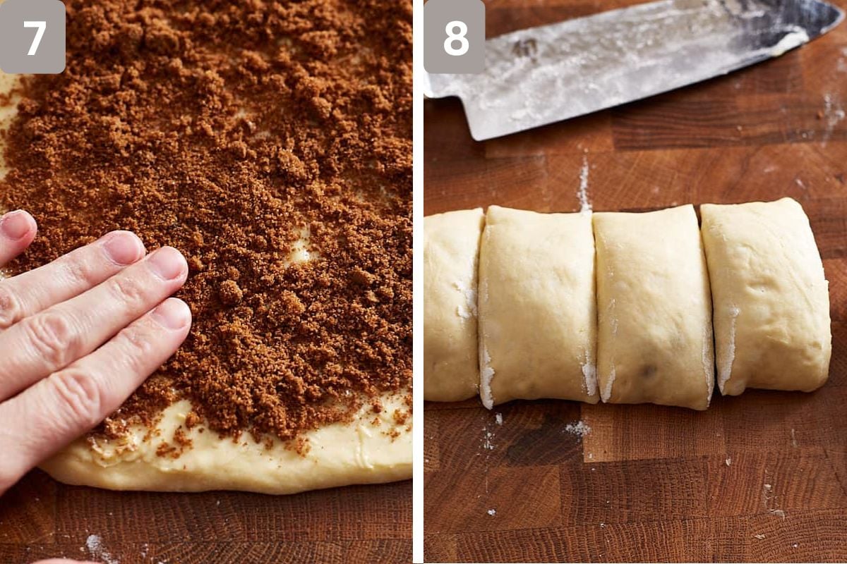 Cinnamon sugar mixture placed on dough and then cut into equal pieces