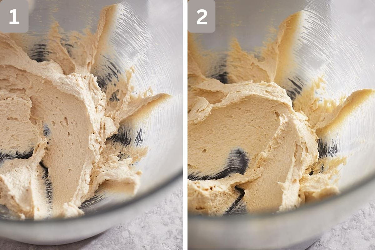 Butter, sugar, and brown sugar creamed, and egg yolk and vanilla added and mixed in