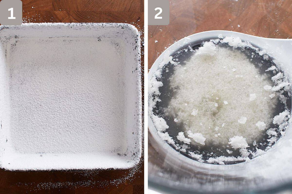 powdered sugar and cornstarch sifted over a pan and gelatin and water mixed on the right