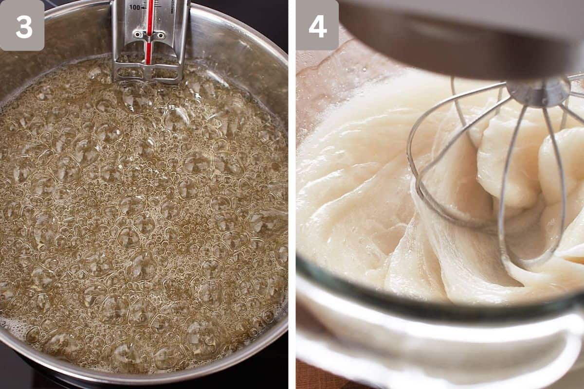 water, sugar, salt and corn syrup mixed and mixture being whisked on the right
