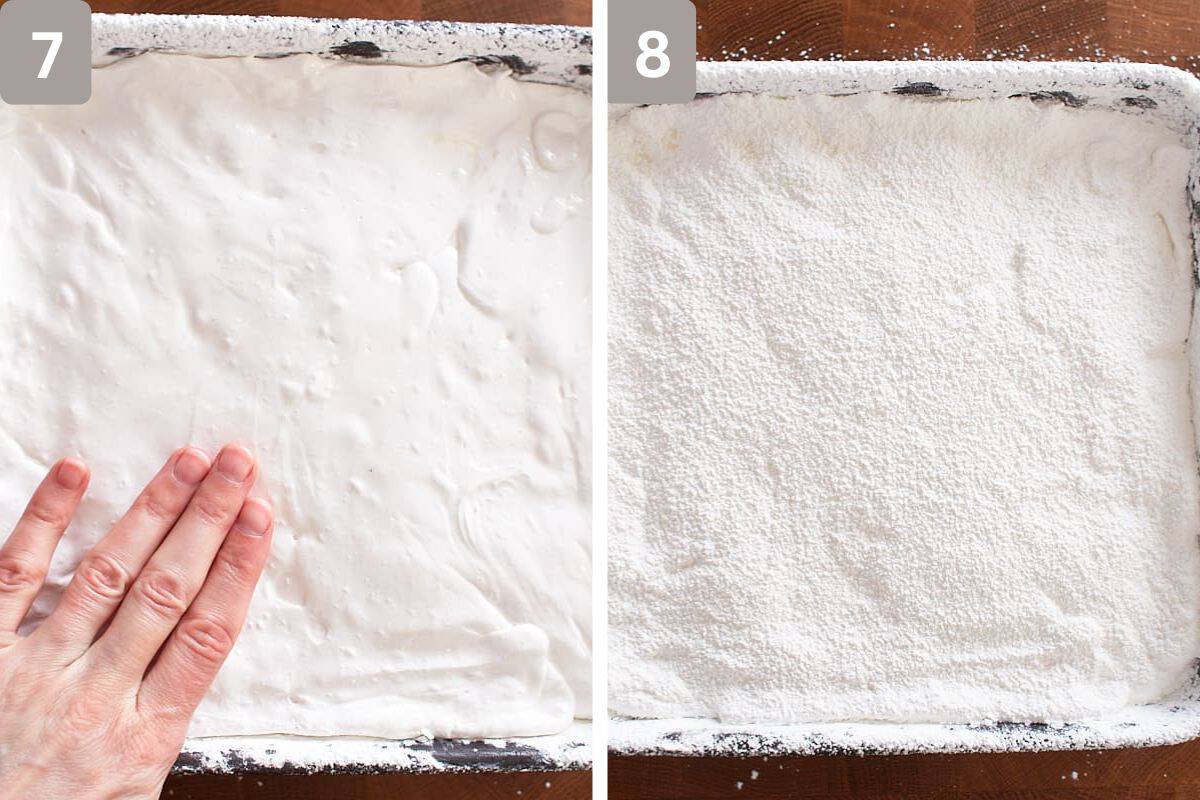mixture placed in pan and generously coated with powdered sugar mixture on the right