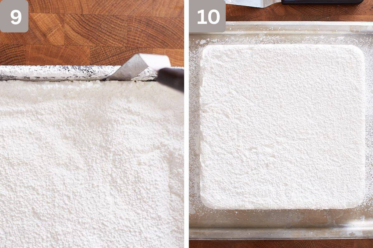 Offset spatula used to separate the mixture and mixture placed on a baking tray on the right