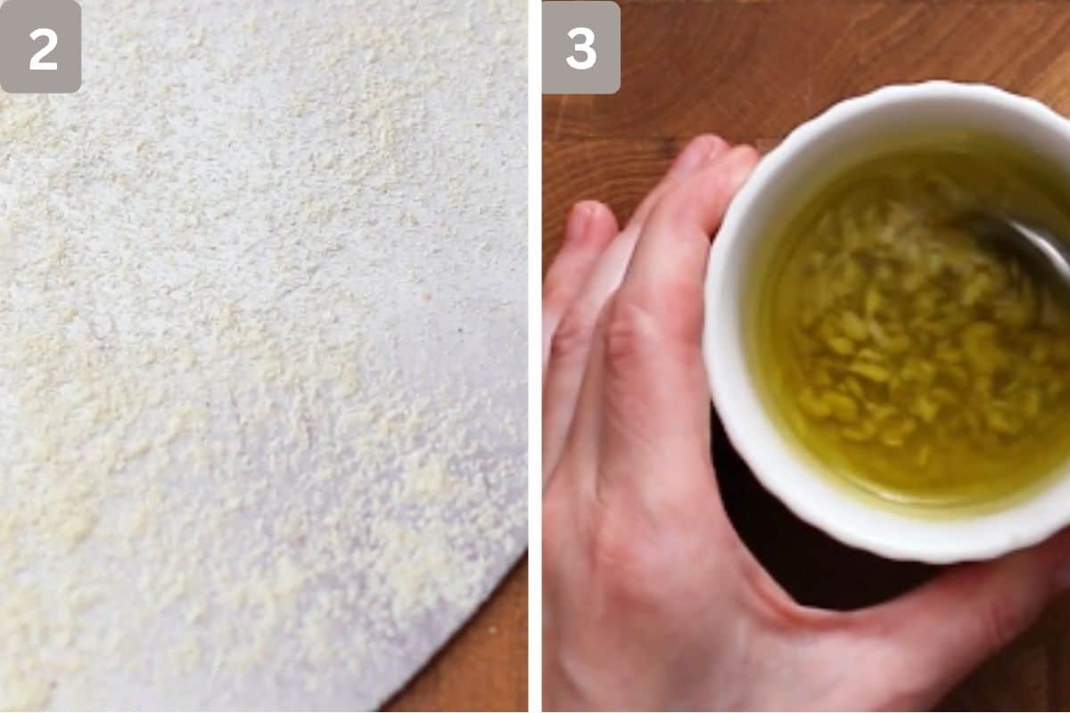 Semolina sprinkled on pizza base and garlic and oil mixed on the right