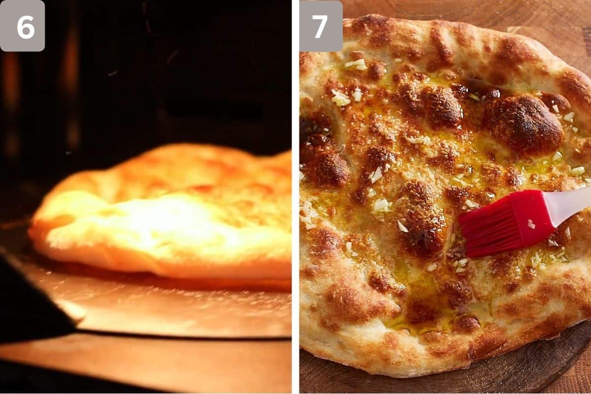 Removing base from the oven on left and spreading garlic oil and pieces over the base on the right