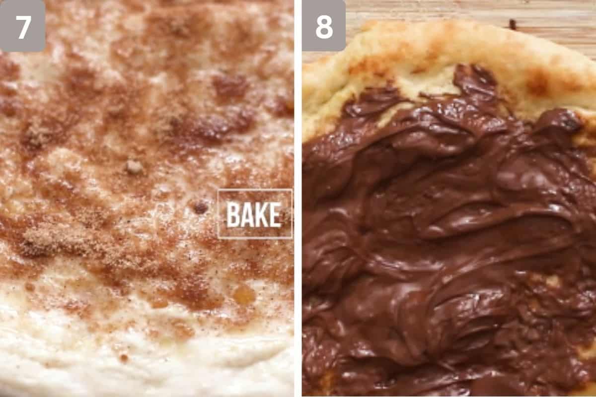 Pizza bing baked and Nutella spread on the pizza once baked
