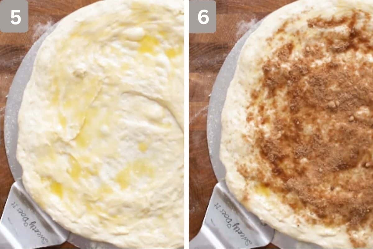 Butter spread on pizza base and cinnamon sugar added on the right