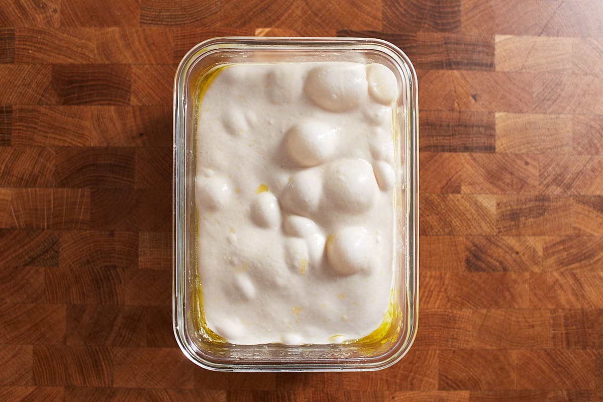 Top shot of the developed dough showing large bubbles that formed