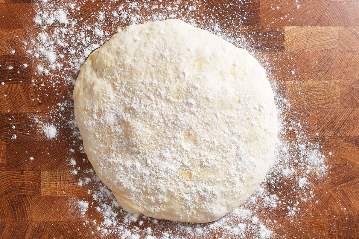Preshaped dough on a floured work surface