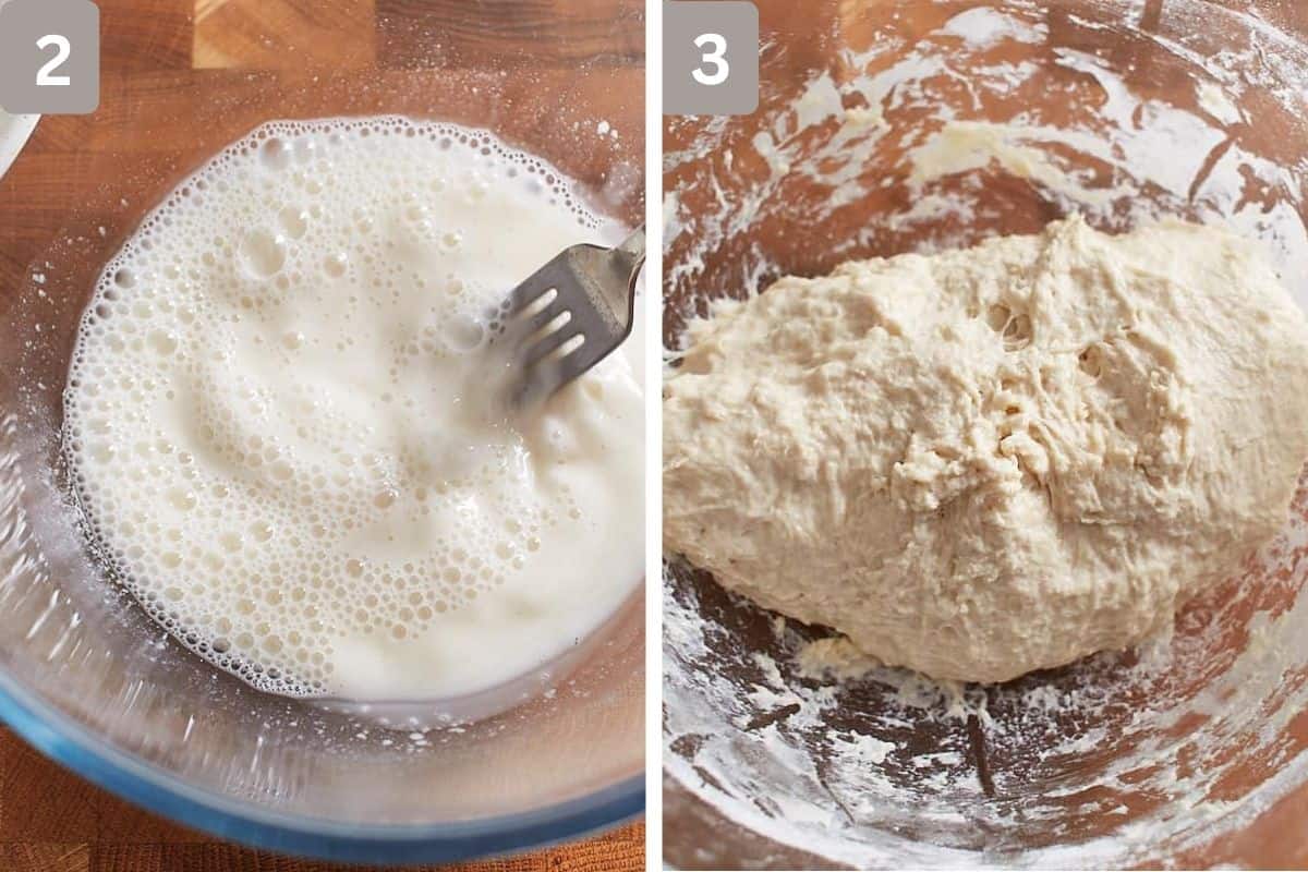 Water and levain mixed and dough after being kneaded on right