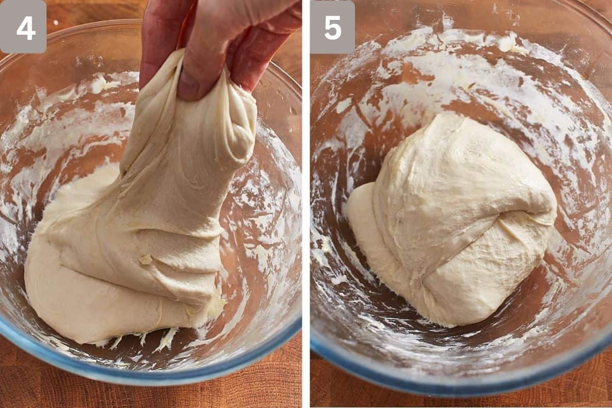 Dough being stretched and folded and final reslt on the right