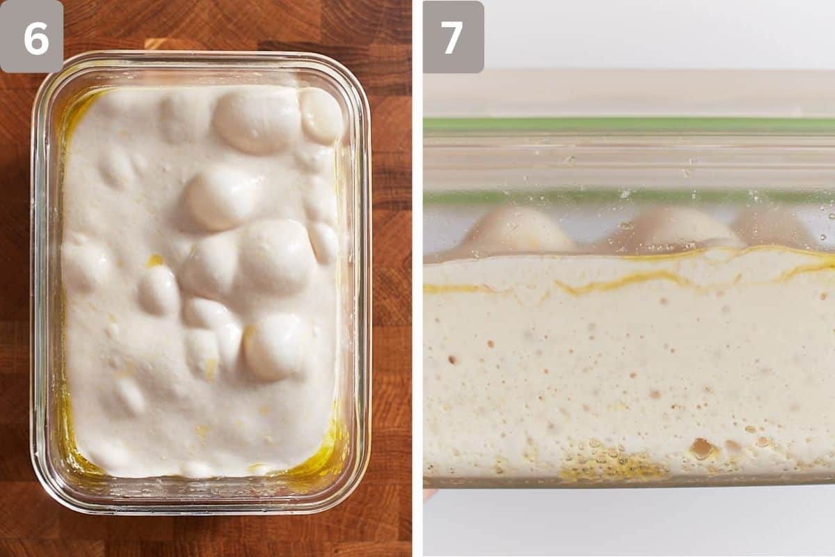 Dough has bubbles and placed in a container on the right