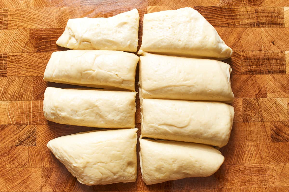 Dough divided into eight equal pieces