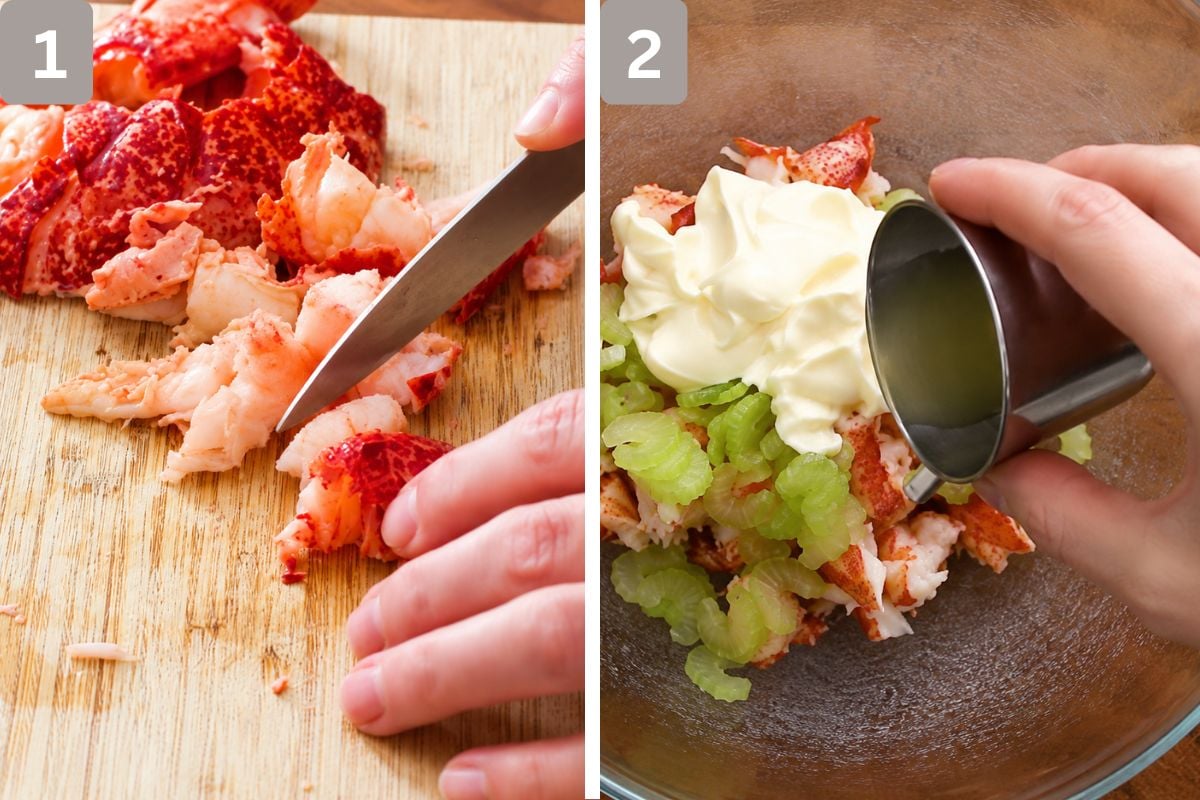 Chopped lobster and then all ingredients added to a large glass bowl, apart from the butter
