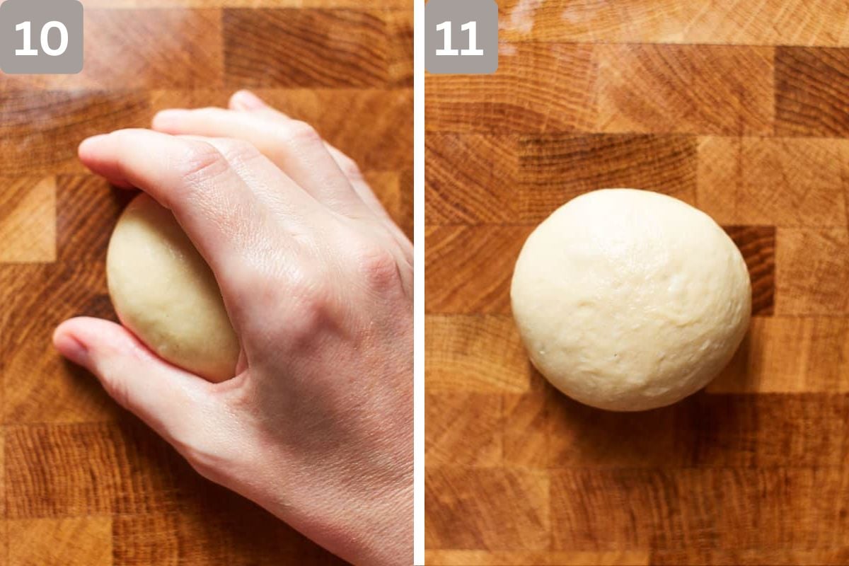 dough ball seam side down and move the dough with your hand in a circular motion and gently press it against the work surface to build tension