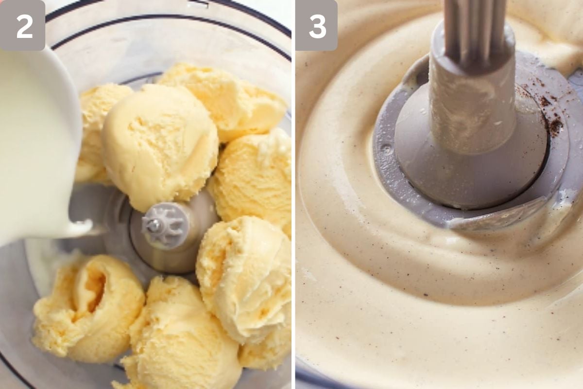 All 3 ingredients added to blender and mixed together on the right