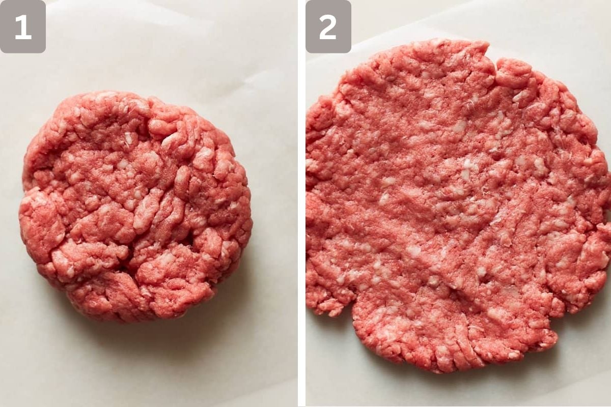 Ground beef shaped like a hockey puck and flattened gently