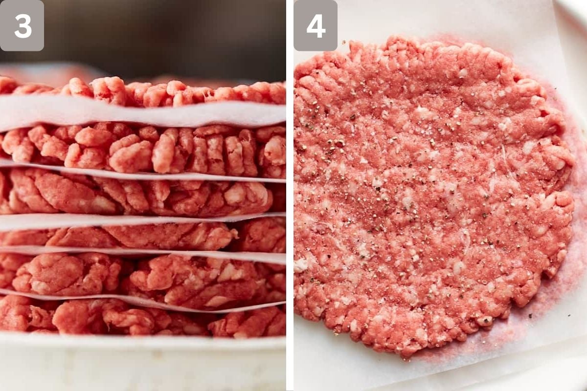 Ground beef flattened and piled on top of each other, and a separate patty seasoned before cooking