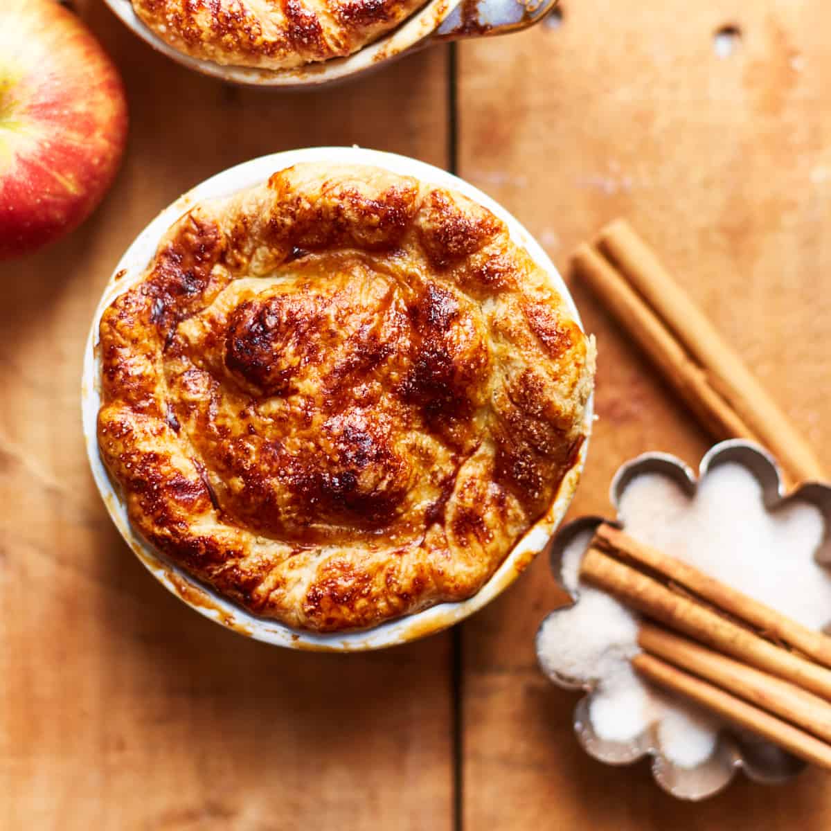Baked mini apple pie in a ramekin