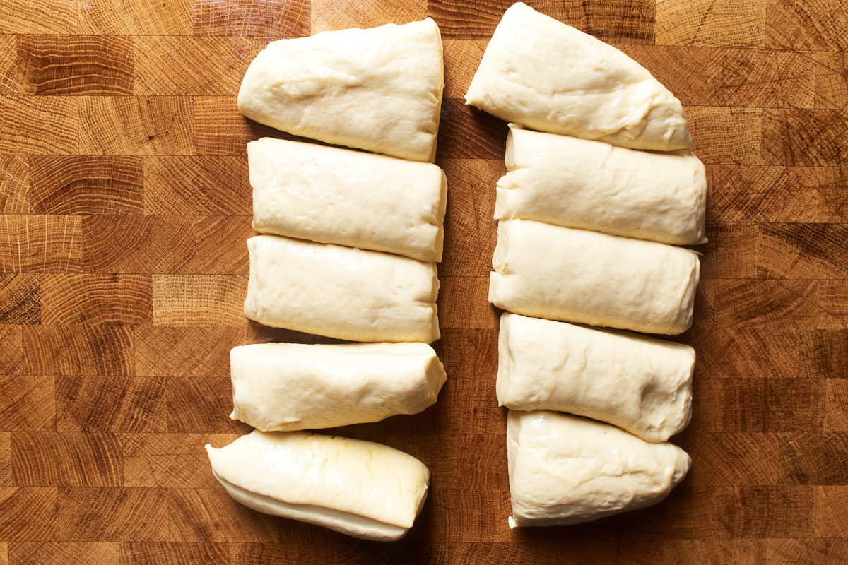 Dough cut into ten equal pieces