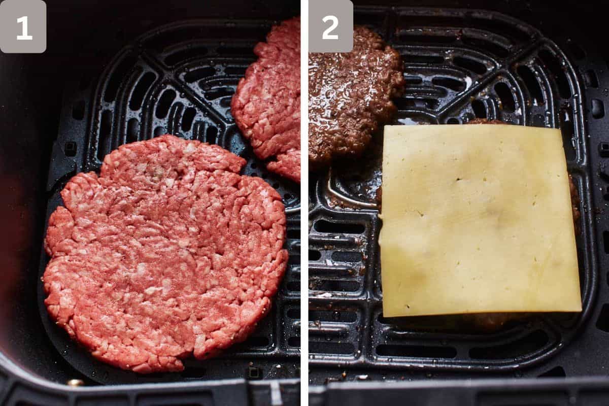 Patties in air fryer ina single layer before cooked and cheese slice placed on patty after being cooked on the right