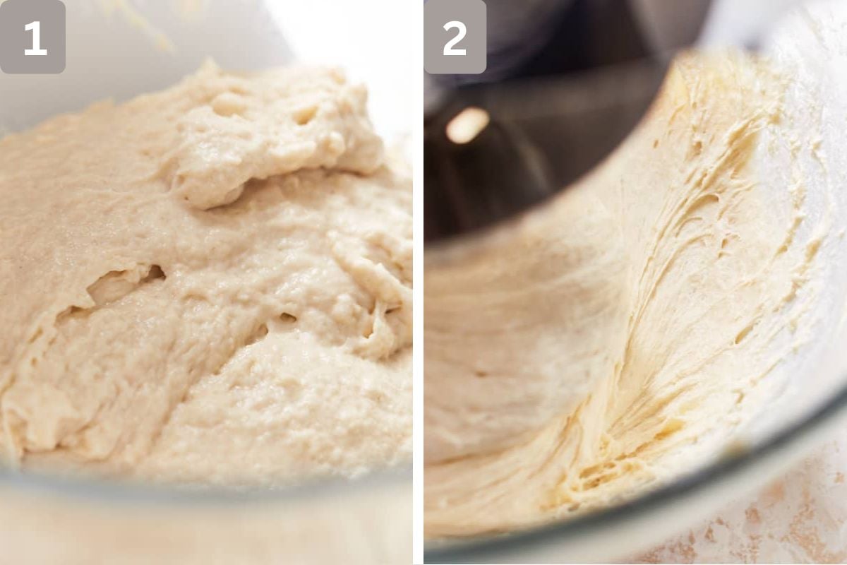flour, sugar, salt, water, and sourdough starter kneaded, and butter added gradually and then kneaded again