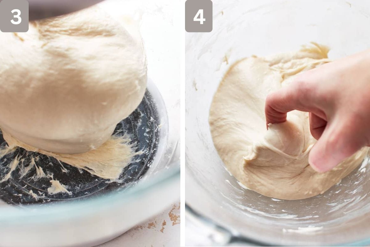 Dough releasing from sides of bowl and tacky to the touch