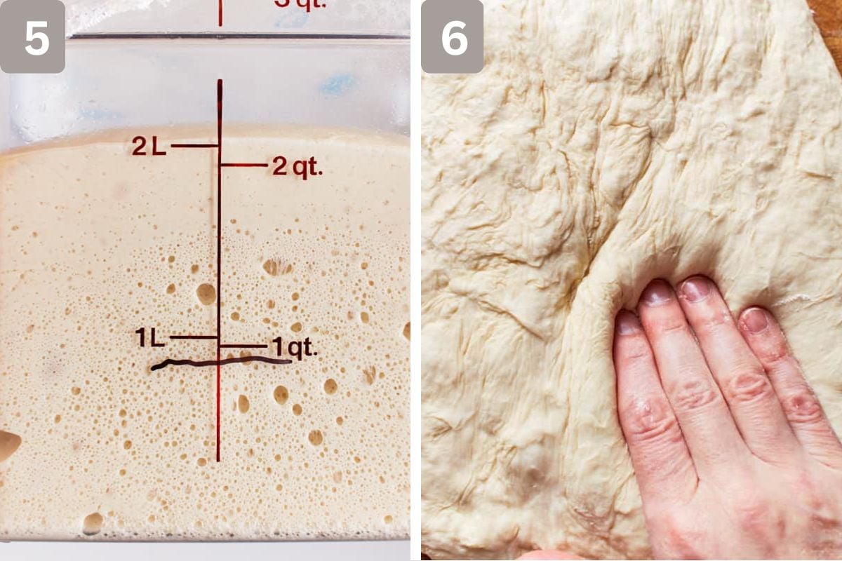 Dough risen to more than half its size and then shaping the dough with your fingers and popping bubbles
