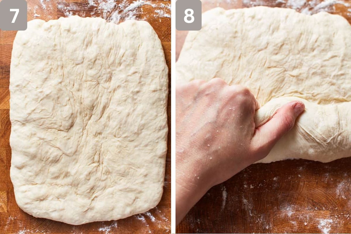 Dough shaped in a rectangle and then rolled up from one side 