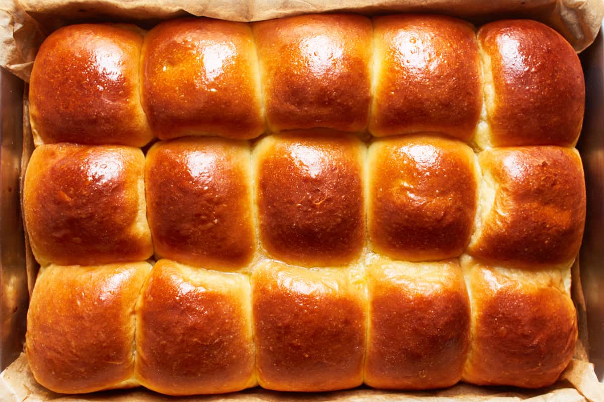 Baked and cooled rolls in a baking pan