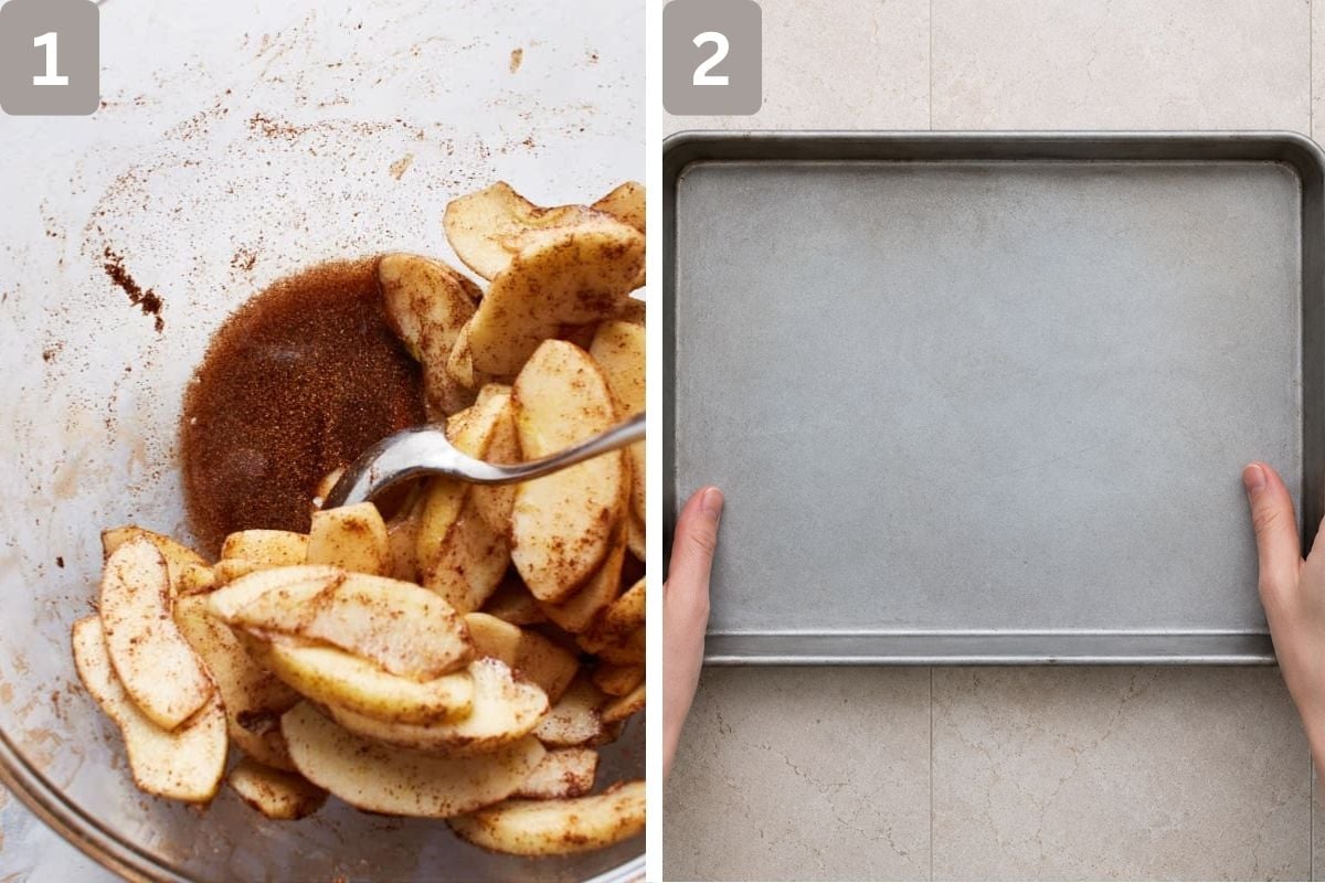 sugar, cinnamon, and lemon juice added to apples and a baking sheet lined with parchment paper