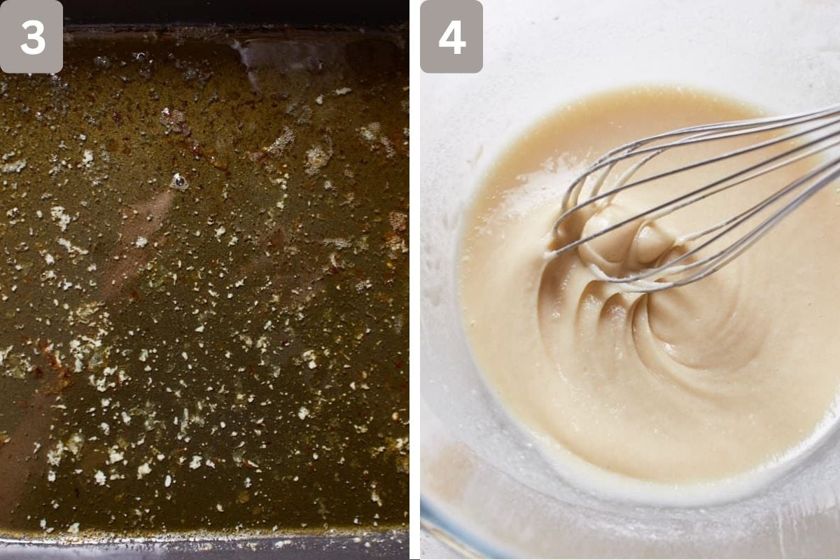 Butter melted in a pan and flour, remaining sugar, baking powder, and salt mixed
