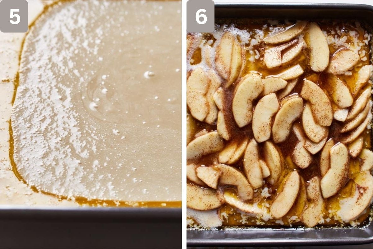 batter poured over melted butter and apples and juices poured over the batter, not stirred. 