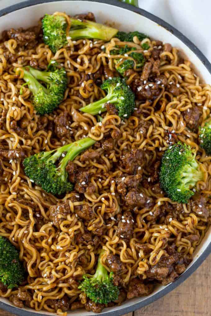 Close up of noodles with beef and broccoli