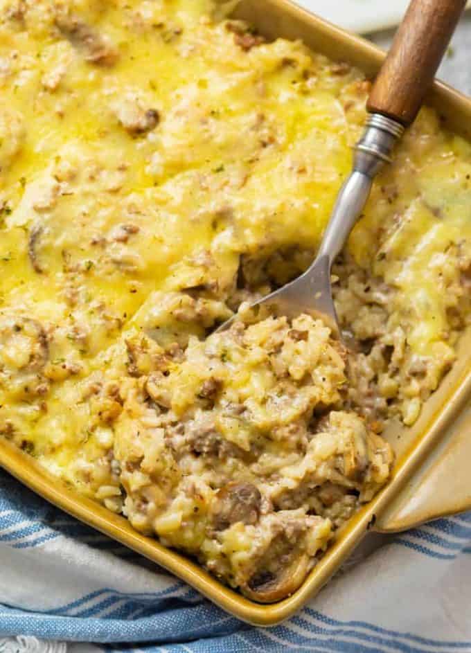 A casserole full with beef, rice, and cheese