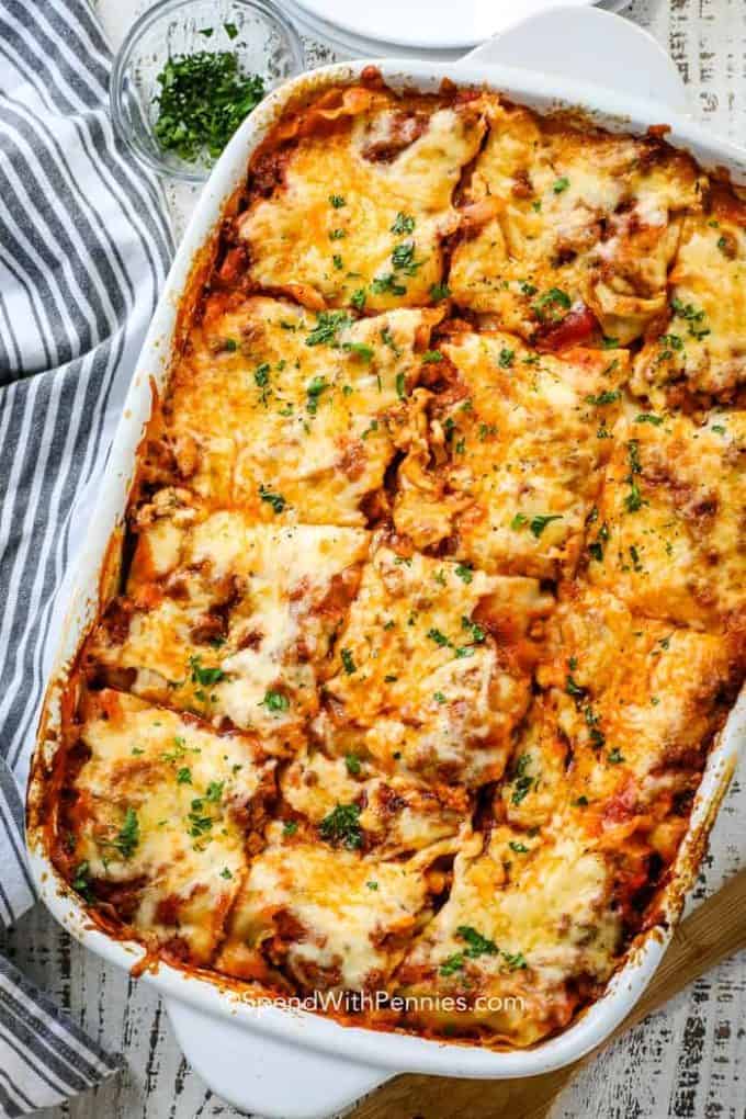 Baked lasagna in a casserole dish
