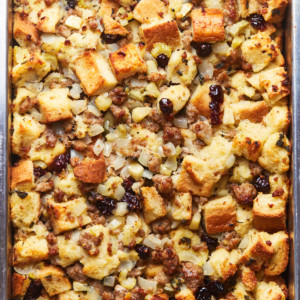 A baking pan filled with freshly baked sausage stuffing
