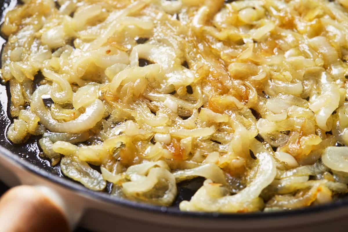 Lightly browned onions in a pan