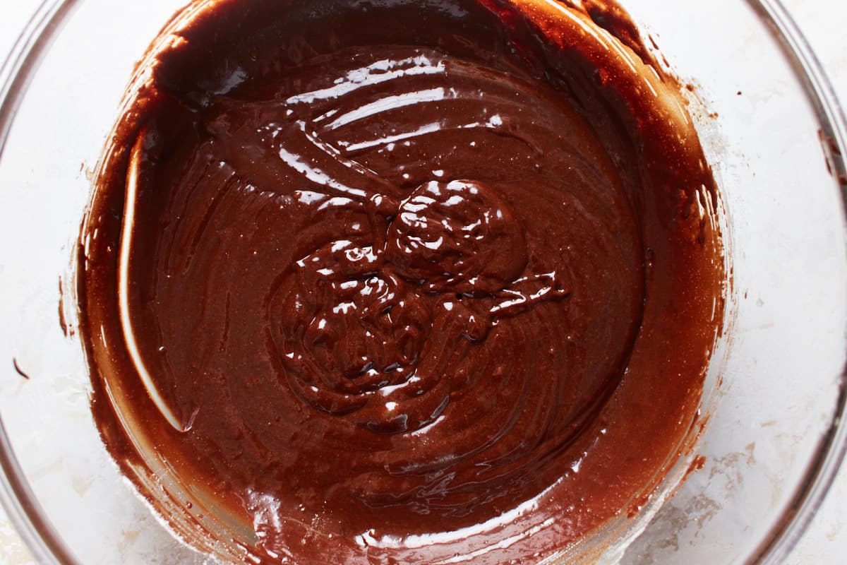 Mixed brownie batter in a mixing bowl