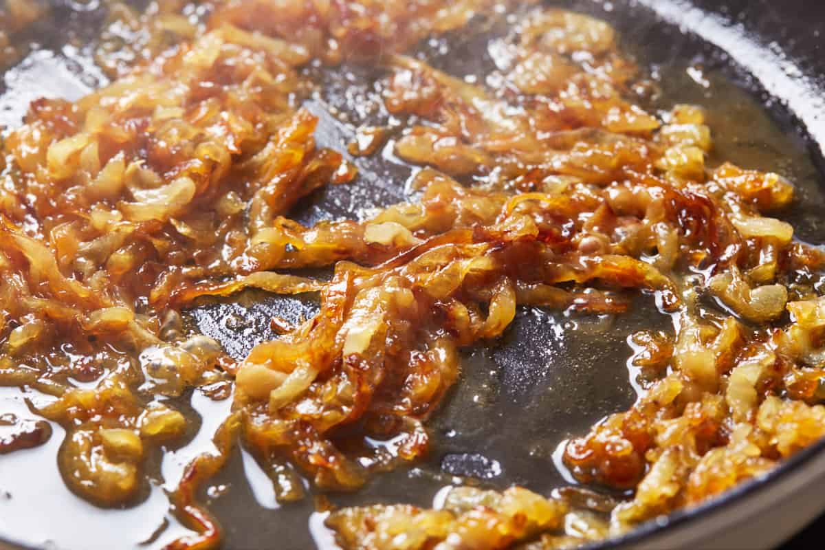 Caramelized onions in a cast iron skillet
